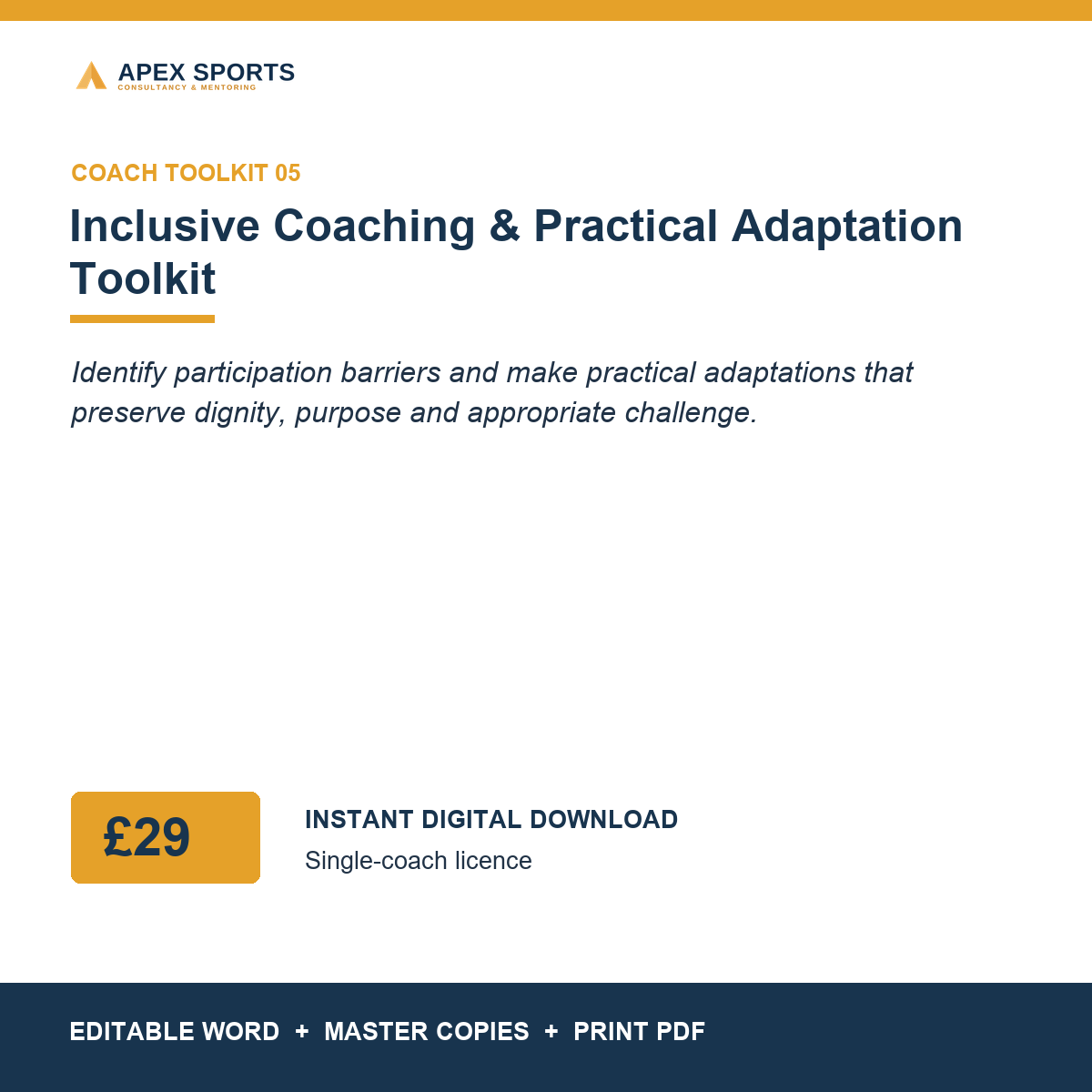 APEX Inclusive Coaching and Practical Adaptation digital toolkit for individual coaches.