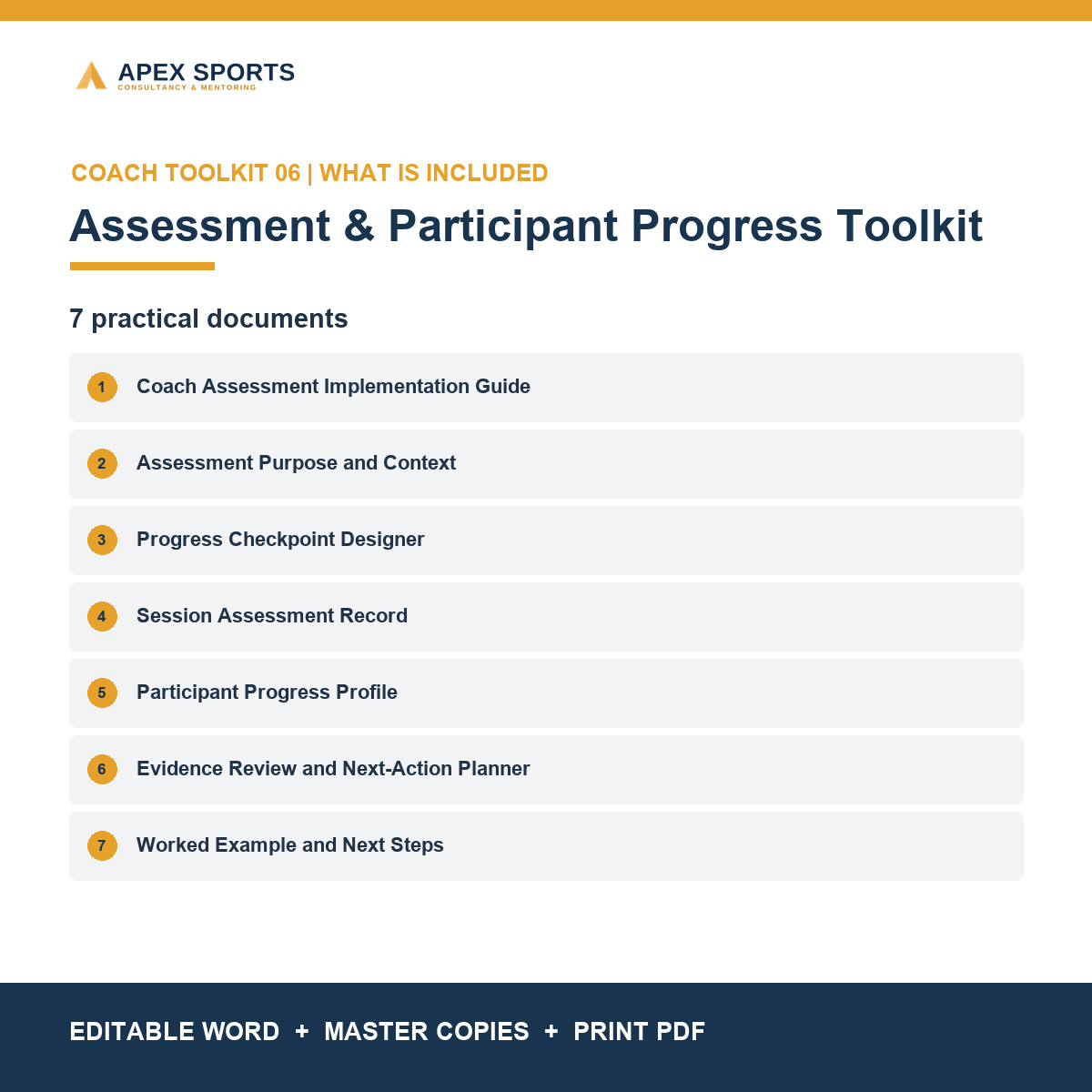 Seven practical assessment and participant-progress documents included in the APEX coach toolkit.