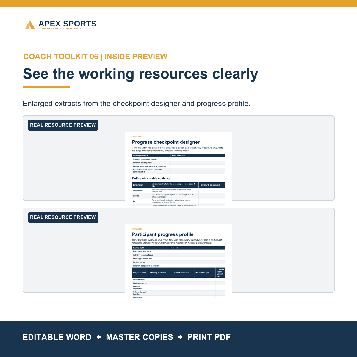 Preview of the progress checkpoint designer and participant profile inside the APEX assessment toolkit.