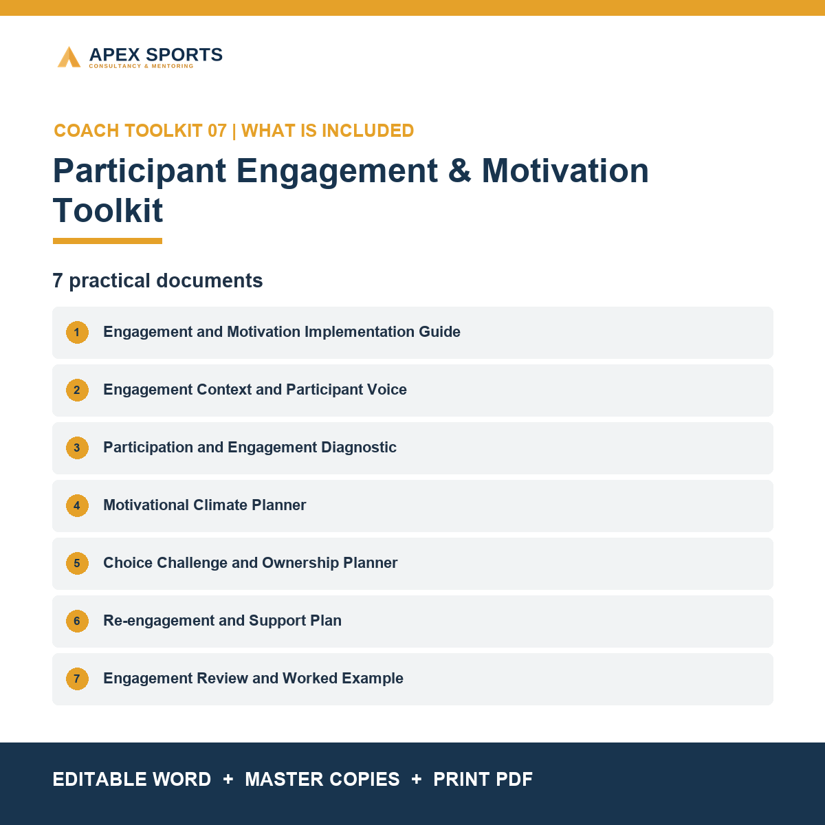 Seven practical engagement, participant-voice and motivation documents included in the APEX coach toolkit.