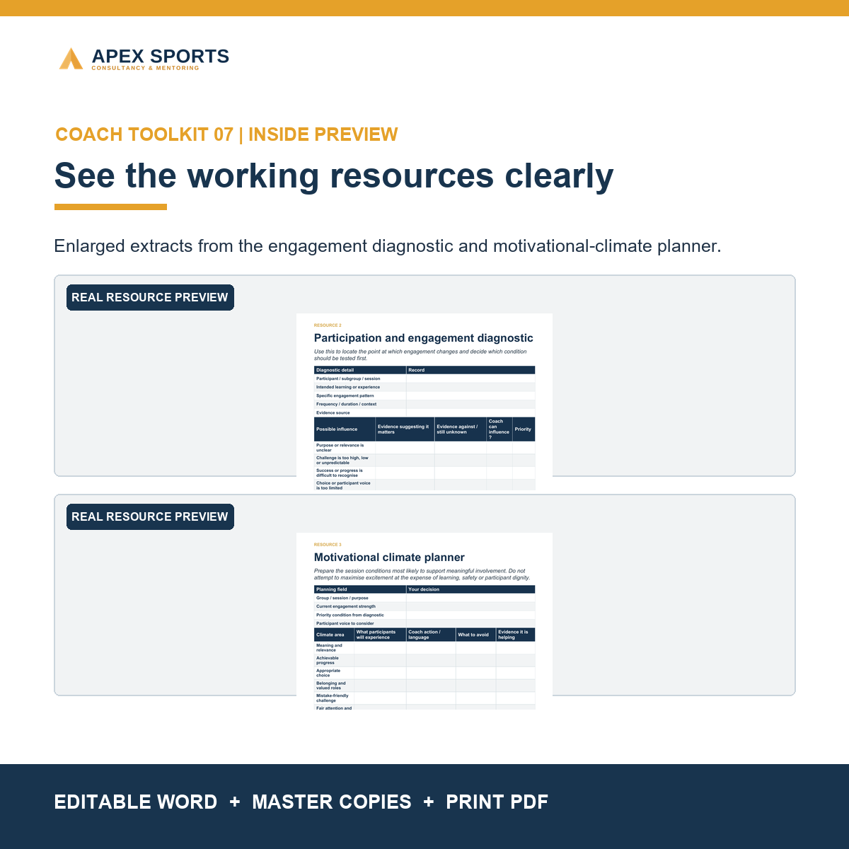 Preview of the engagement diagnostic and motivational-climate planner inside the APEX toolkit.