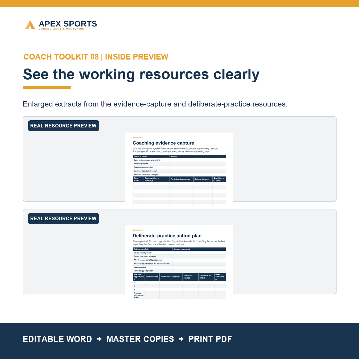 Preview of the coaching evidence-capture and deliberate-practice resources inside the APEX toolkit.