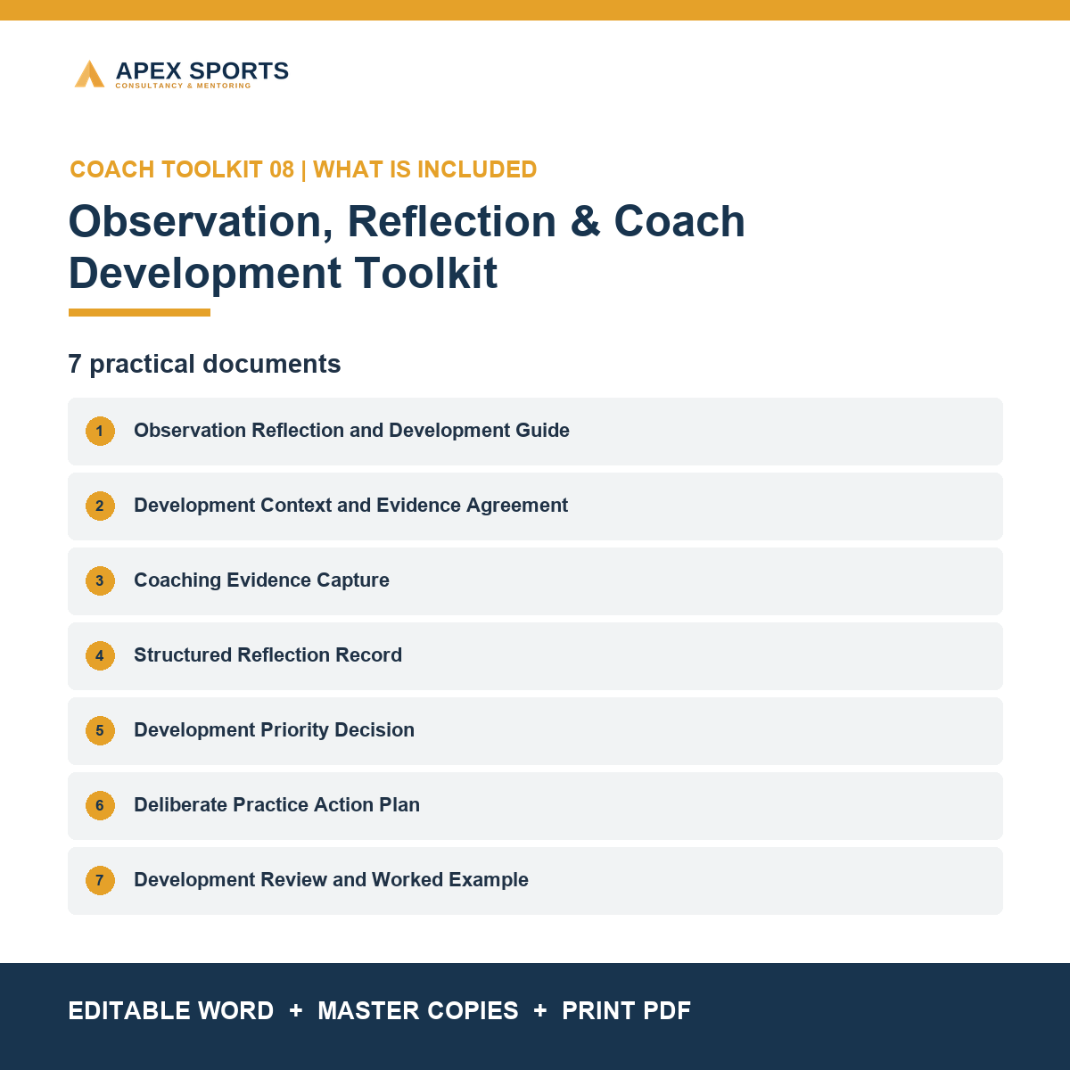 Seven practical observation, reflection and coach-development documents included in the APEX toolkit.
