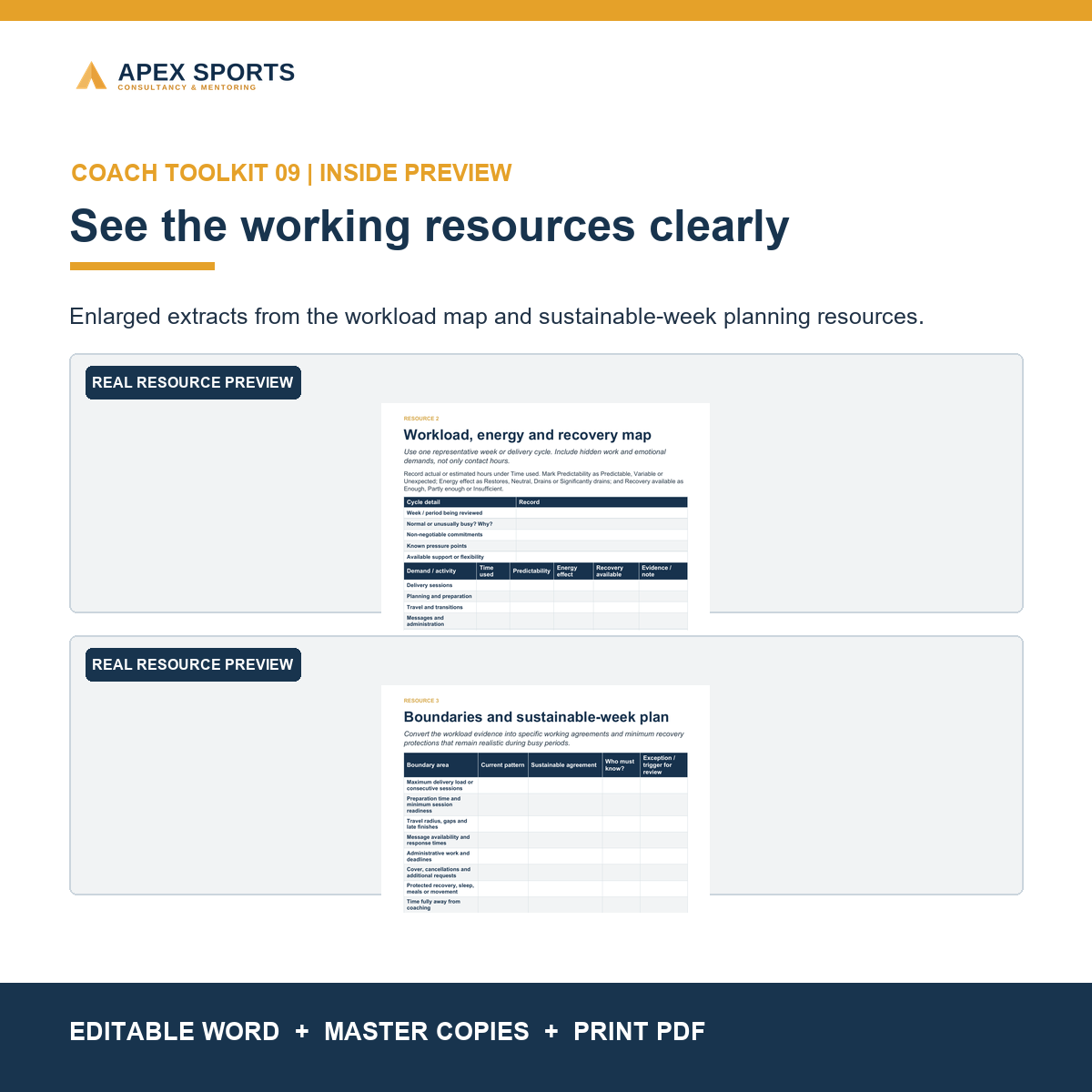 Preview of the workload map and sustainable-week planning resources inside the APEX toolkit.