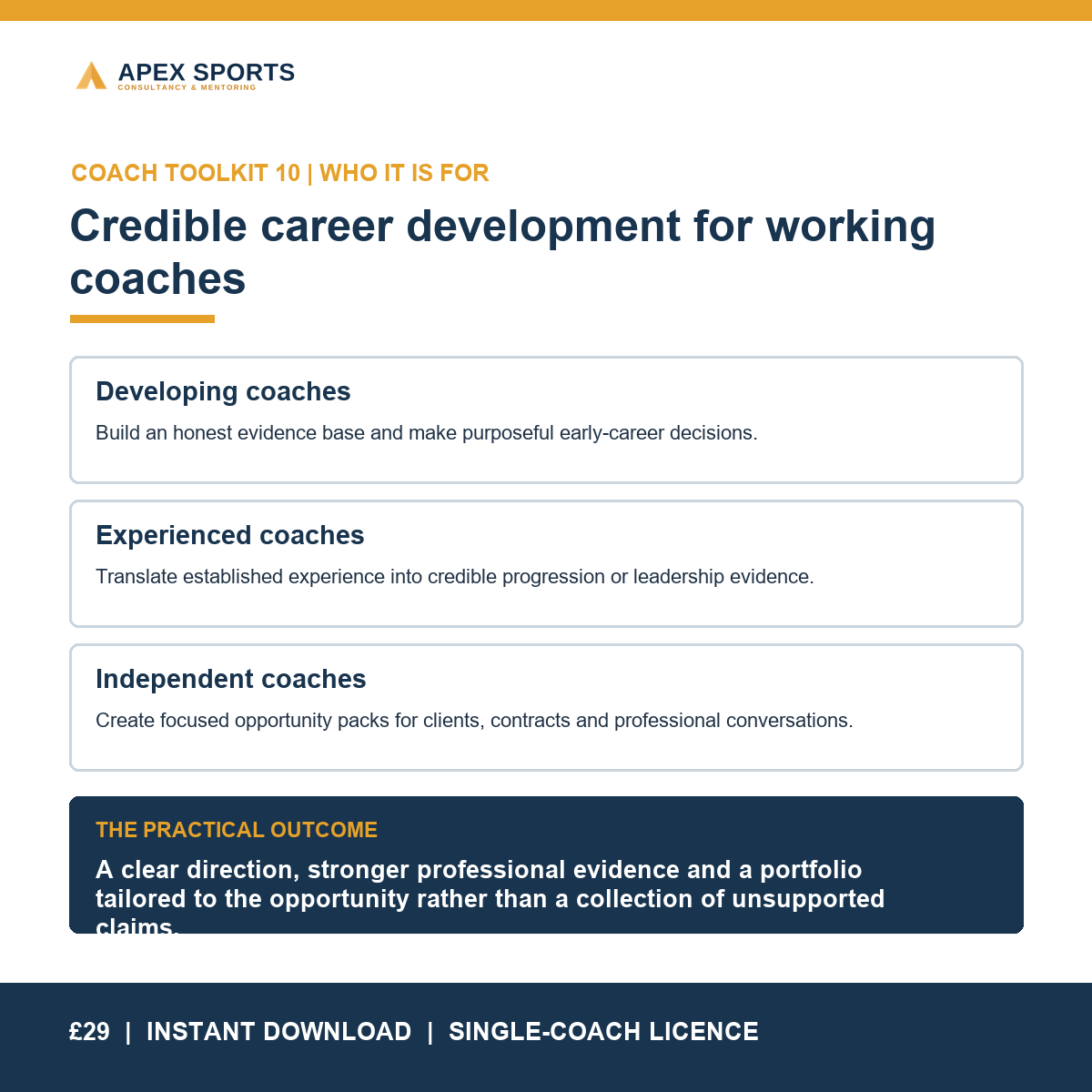 APEX career-development toolkit for developing, experienced and independent coaches.