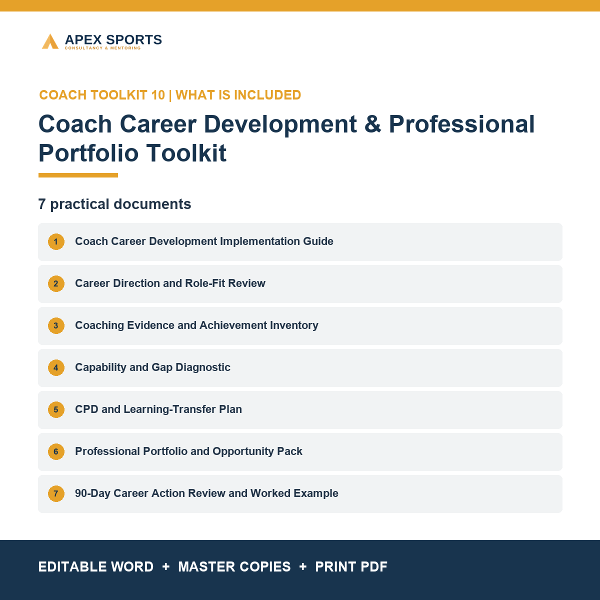 Seven practical career direction, evidence, CPD and professional portfolio documents included in the APEX coach toolkit.