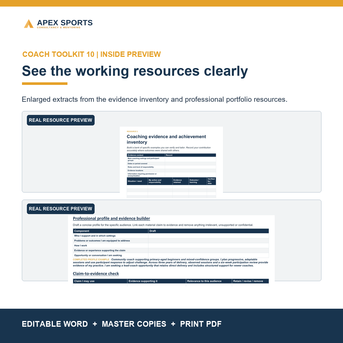 Preview of the coaching evidence inventory and professional portfolio resources inside the APEX toolkit.