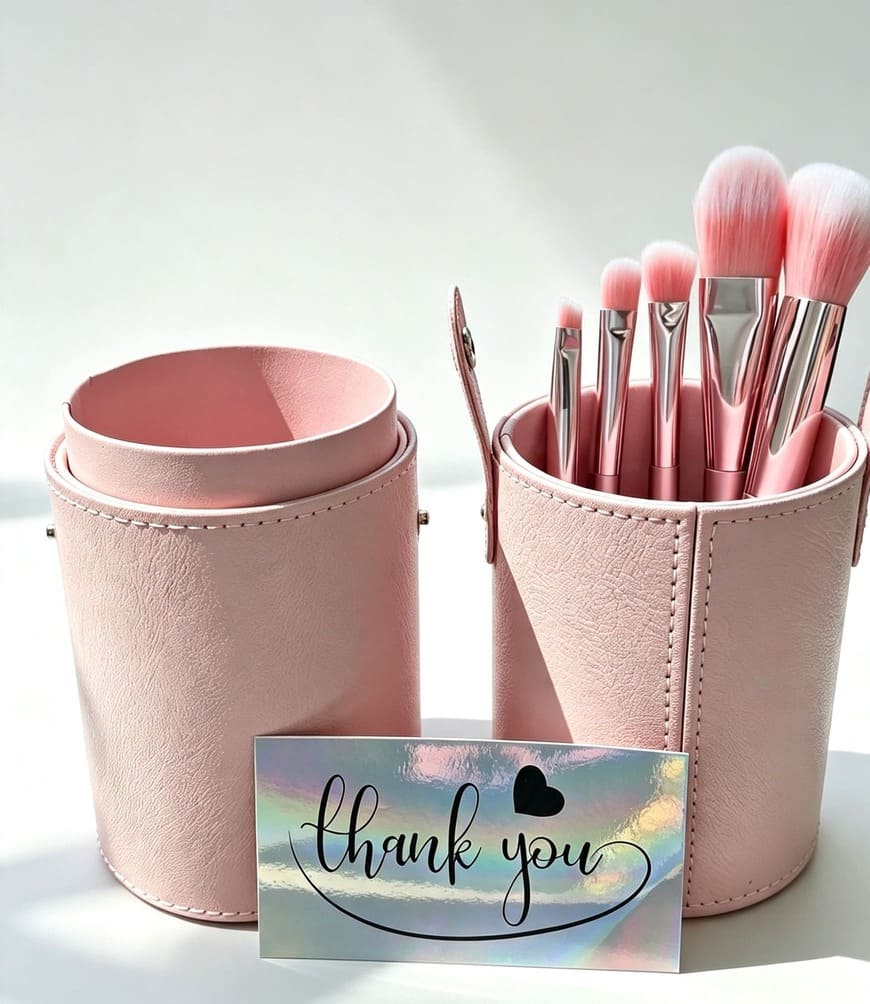 Blushing Bride pink beaded makeup brush set displayed upright inside an open pink faux leather travel vanity cup.