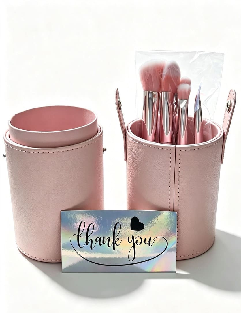 Handmade pink beaded cosmetic brush set wrapped in plastic inside a pink travel holder with a holographic thank you card.
