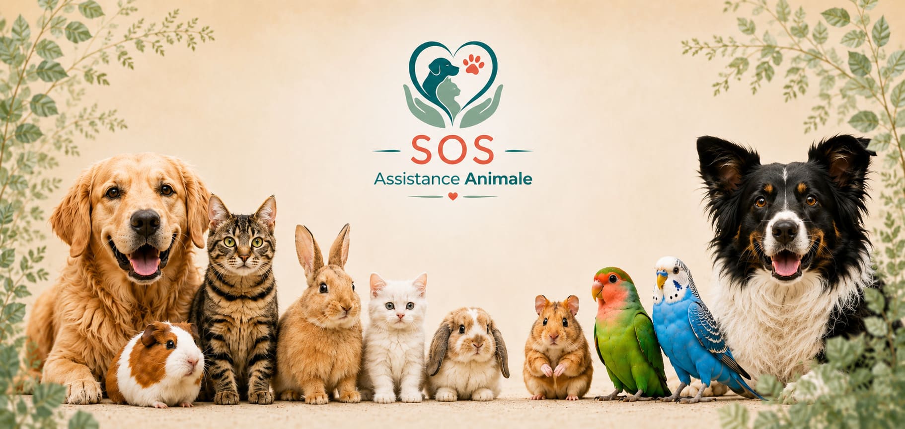 Bannière SOS Assistance Animale avec chiens, chats, lapins, cochon d’Inde, hamster et oiseaux, invitant à rejoindre la page Facebook de l’association et à suivre son réseau solidaire pour les animaux.