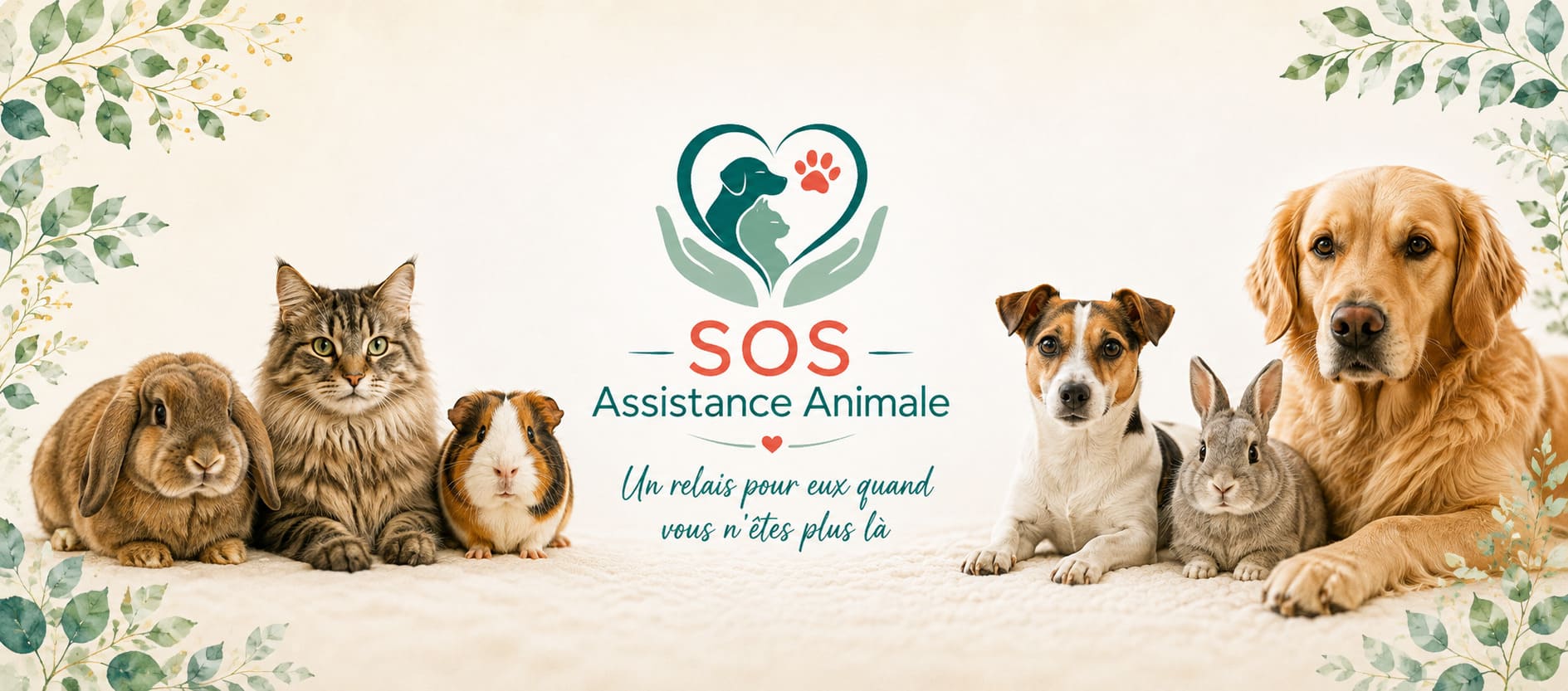 Bannière SOS Assistance Animale avec logo, chien golden retriever et chat tigré, illustrant un réseau solidaire pour protéger l’avenir des animaux en cas d’hospitalisation, dépendance ou décès de leur propriétaire.