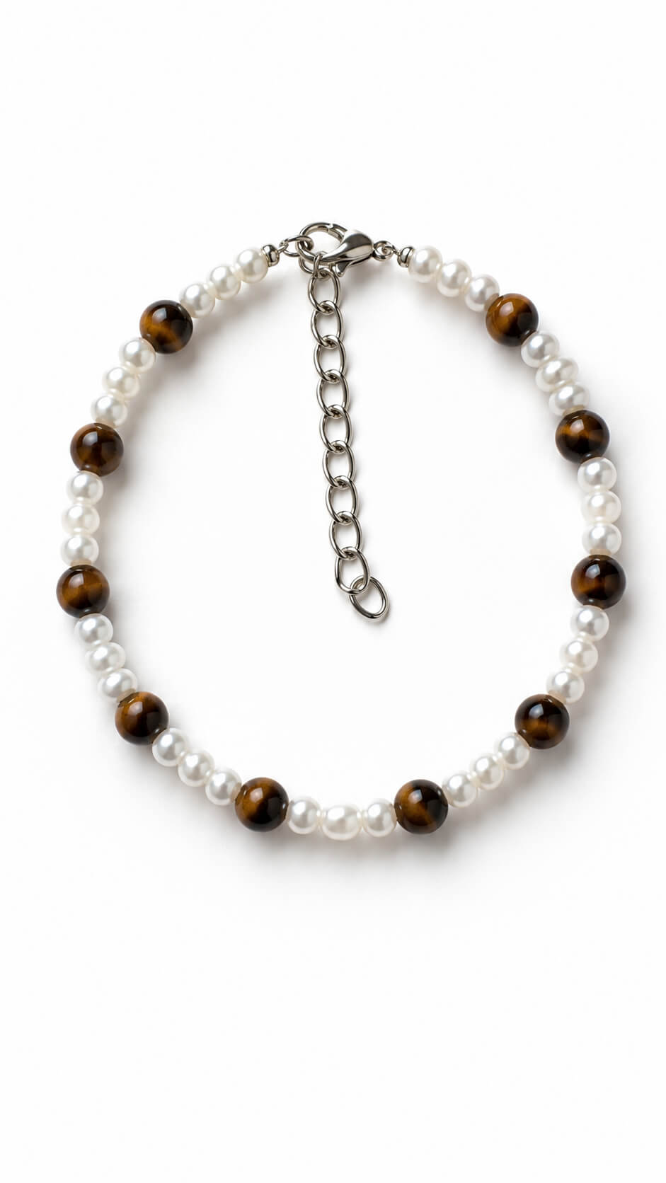 Handmade tiger's eye and faux pearl bracelet with silver extender chain
