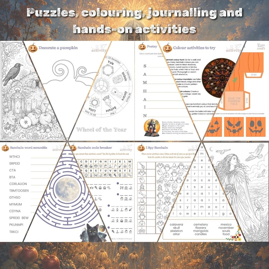 A printable Samhain pack for seasonal family learning. Folklore, Halloween traditions, crafts, recipes, nature study and reflective activities for all ages.