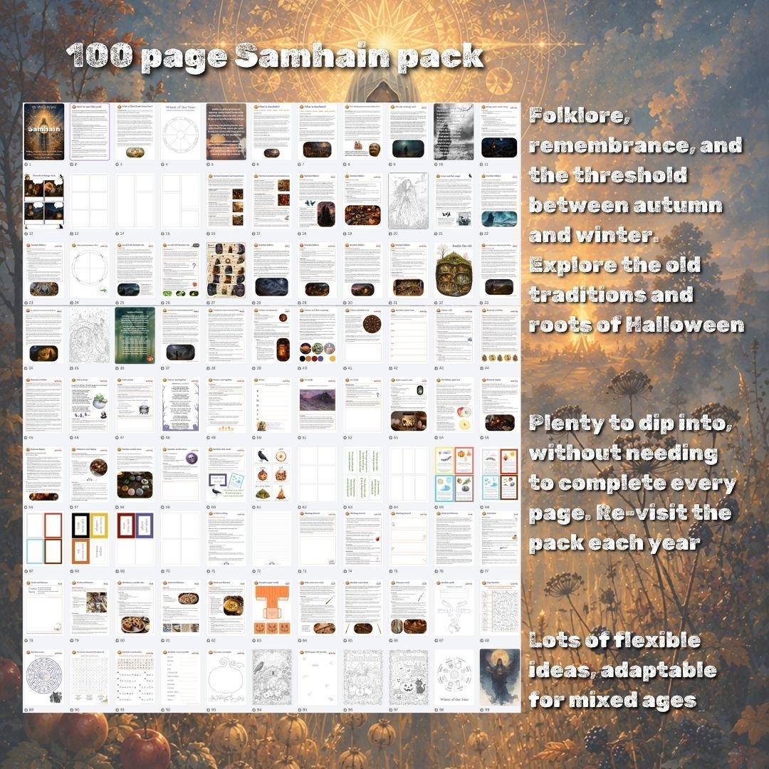 Explore Samhain with a printable family pack of folklore, Halloween history, crafts, recipes, nature study, art, poetry and seasonal reflection.
