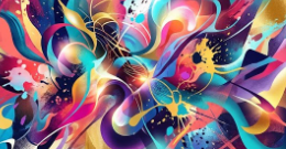 Vibrant colorful abstract artwork with fluid swirls of blue, magenta, gold, and paint splatter design