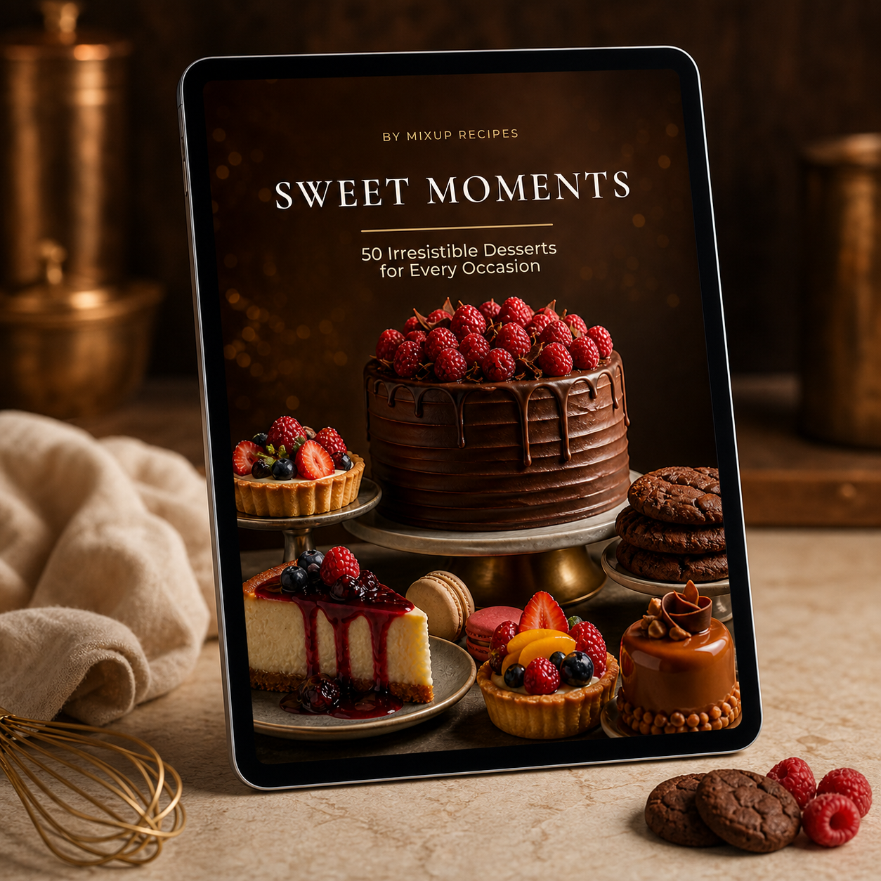Sweet Moments digital dessert cookbook displayed on a tablet in an elegant baking kitchen
