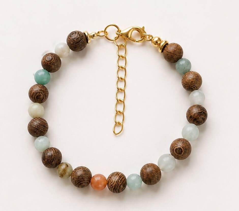Handmade gemstone and natural wood bead bracelet with gold-tone extender chain
