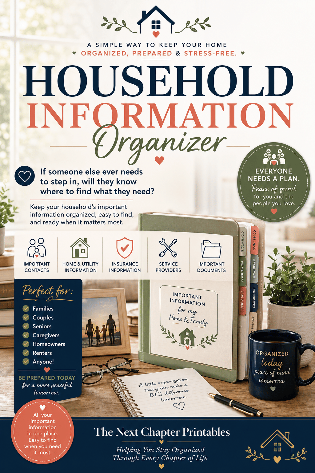 Household Information Organizer free printable with pages for organizing important household information and contacts.