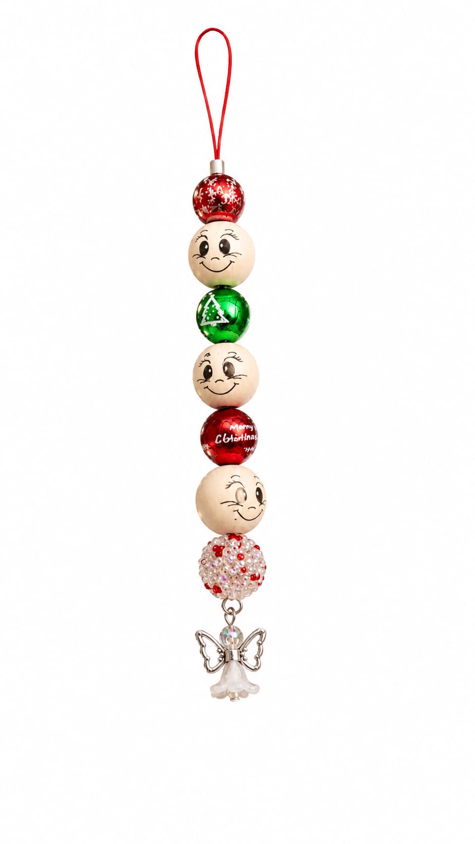 Handmade Festive Snowberry Angel Christmas ornament with red and green beads, wooden smiley faces, silver angel charm and red hanging cord
