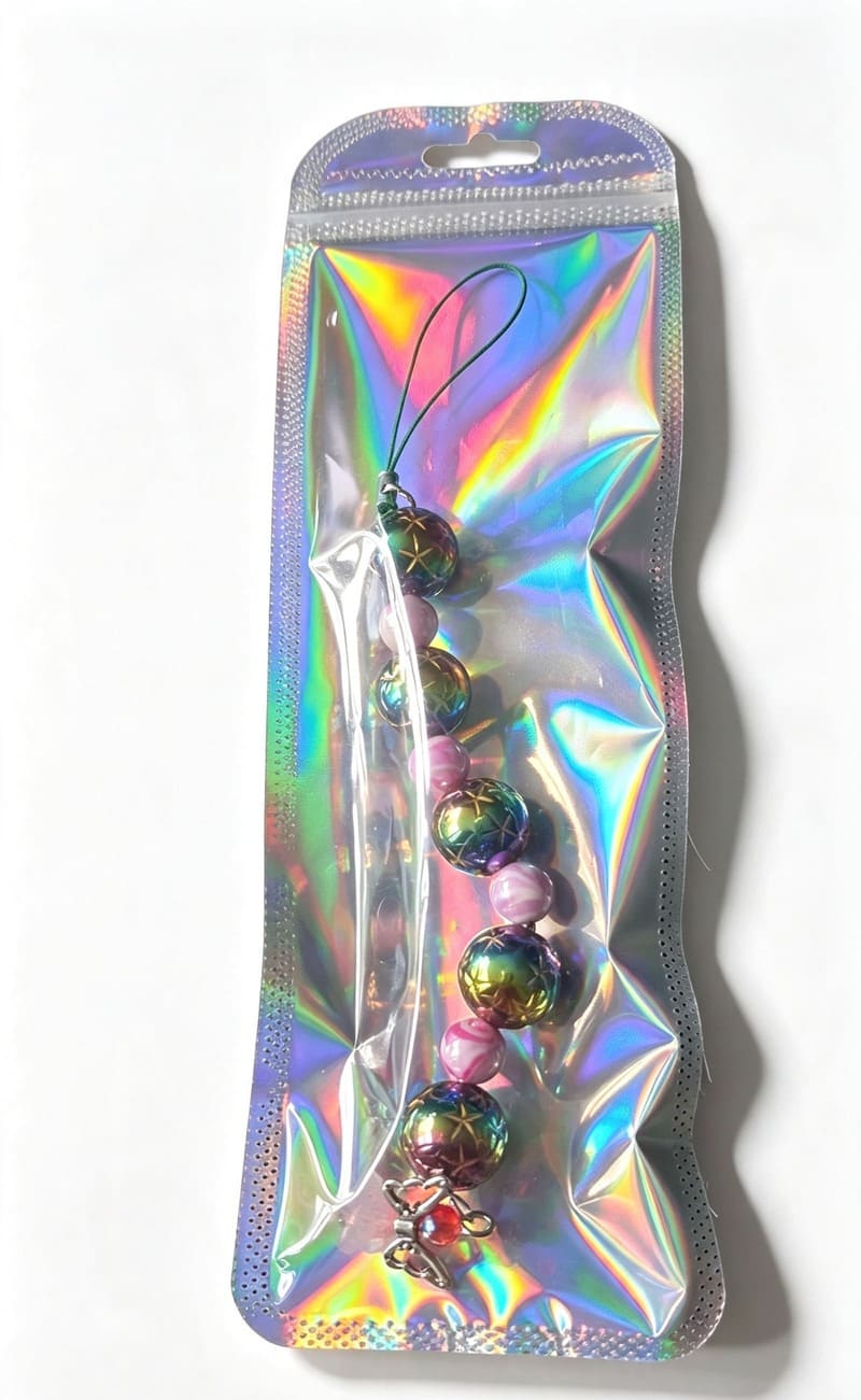 Handmade Sugarplum Angel Christmas beaded ornament charm from Sparkling Resin Delights, safely displayed inside a tall holographic, iridescent resealable boutique packaging pouch. The clear front showcases a vertical stack of metallic rainbow star-etched