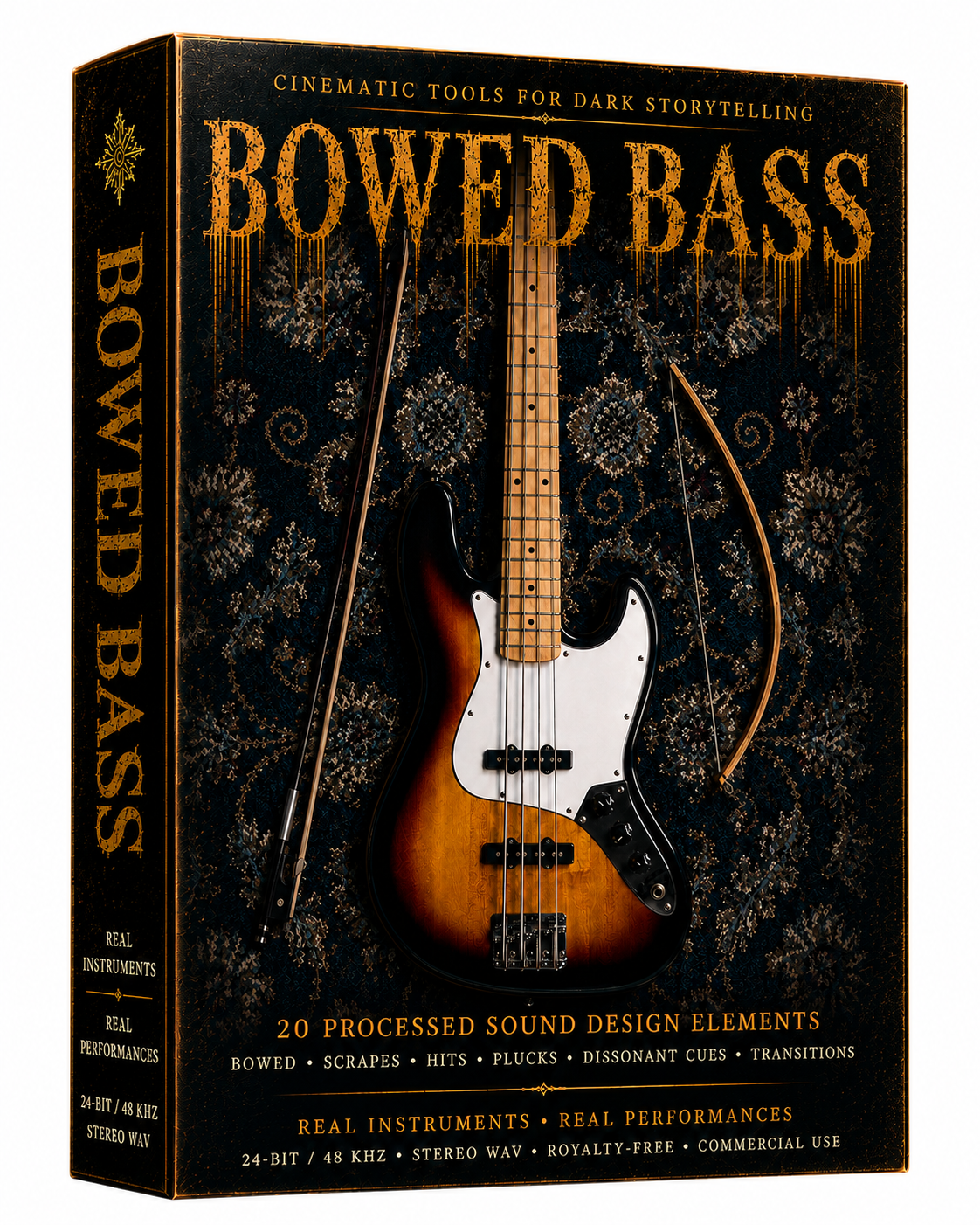 Bowed Bass cinematic sound design pack featuring 20 original bowed bass textures, deep rumbles, dissonant tones, tremolo, plucks and dark atmospheric cues for horror, suspense, film, trailers, games and cinematic storytelling.