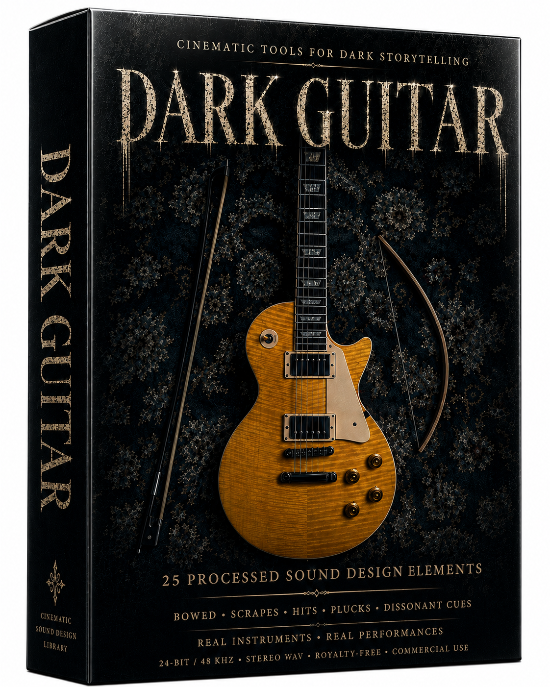 Dark Guitar cinematic sound design pack featuring 25 original electric guitar textures, bowed tones, scrapes, plucks, glissandos and dark atmospheric elements for horror, suspense, film, trailers and games.