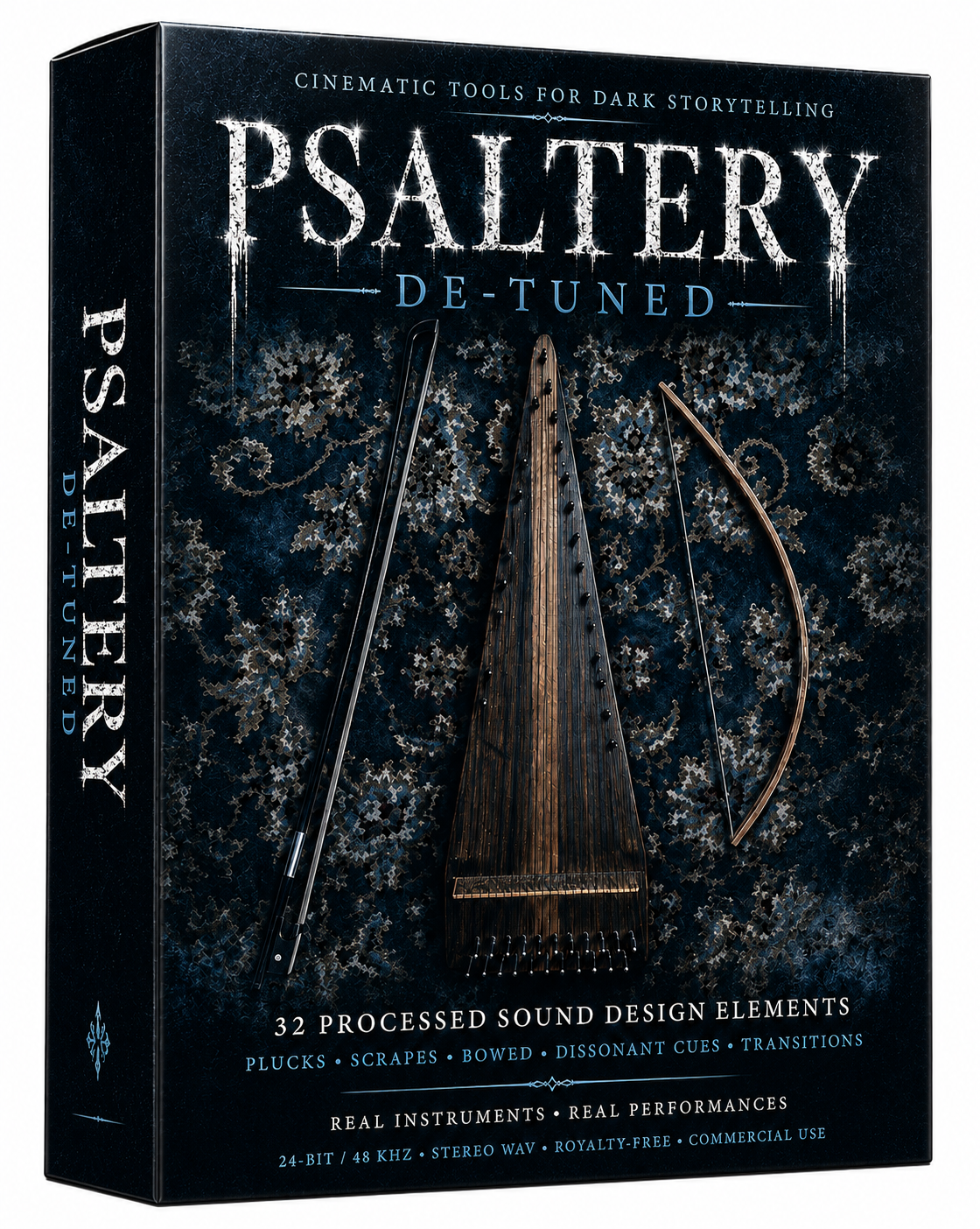 Psaltery De-Tuned cinematic sound design pack featuring 32 original de-tuned psaltery sounds with eerie plucks, bowed textures, strums, scrapes and dark atmospheric cues for horror, suspense, film, trailers, games and sound design.