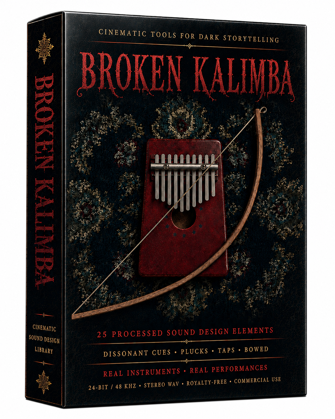 Cinematic kalimba effects with dark plucks, unsettling taps, bowed resonance and experimental textures. Royalty-free 24-bit/48 kHz WAV created for thriller scoring, horror scenes, game audio and atmospheric sound design.
