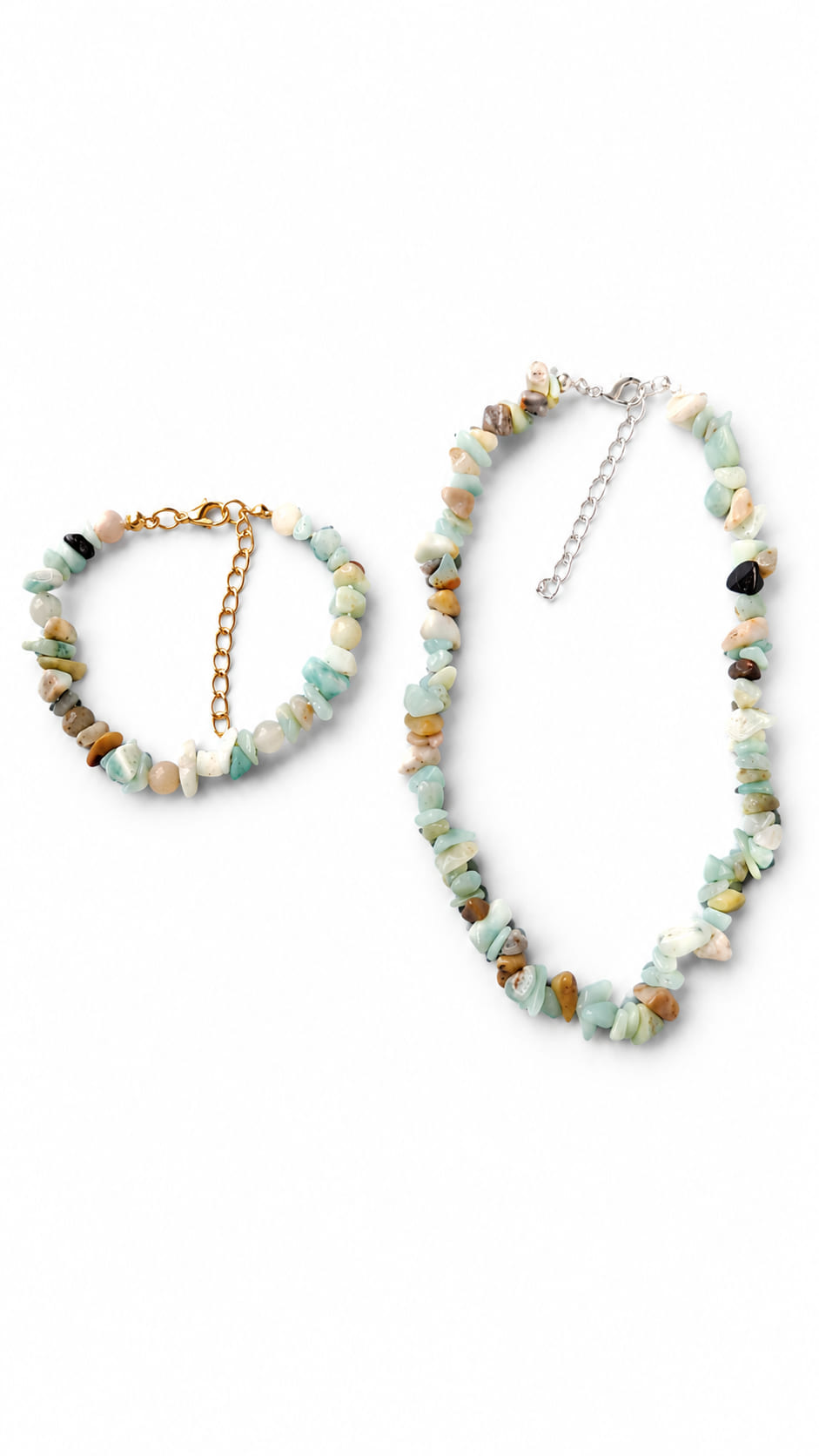 Ocean Mist natural stone bracelet and anklet set with aqua, mint and earthy gemstone beads on a white background