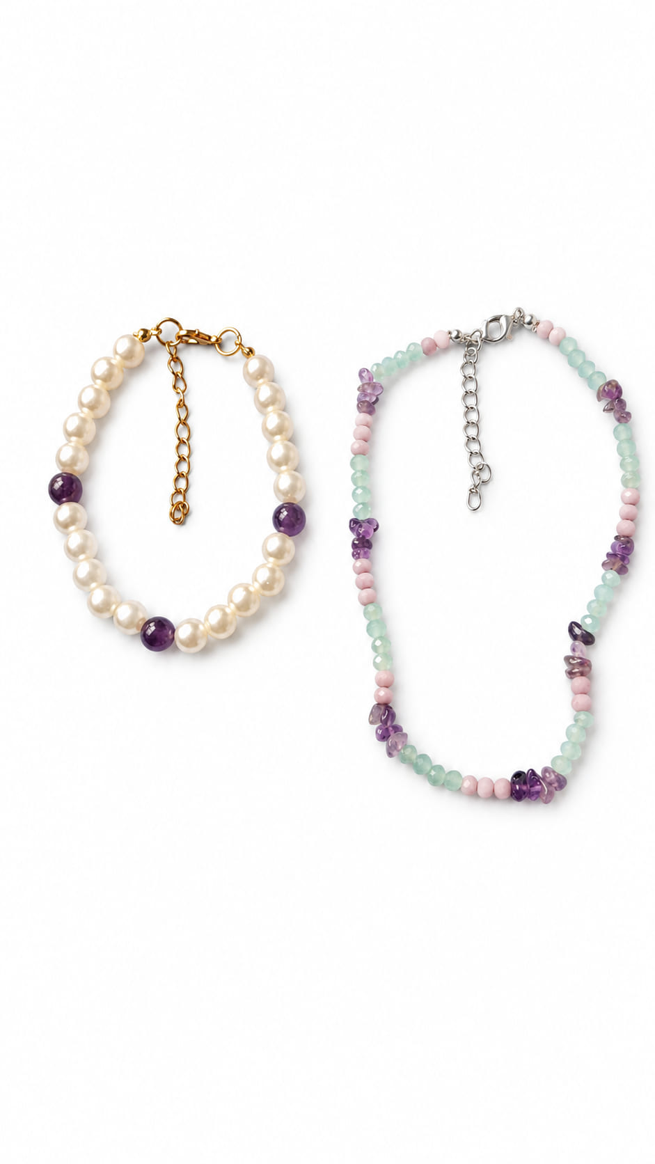 Amethyst and faux pearl bracelet with pastel beaded anklet laid out together on a white background