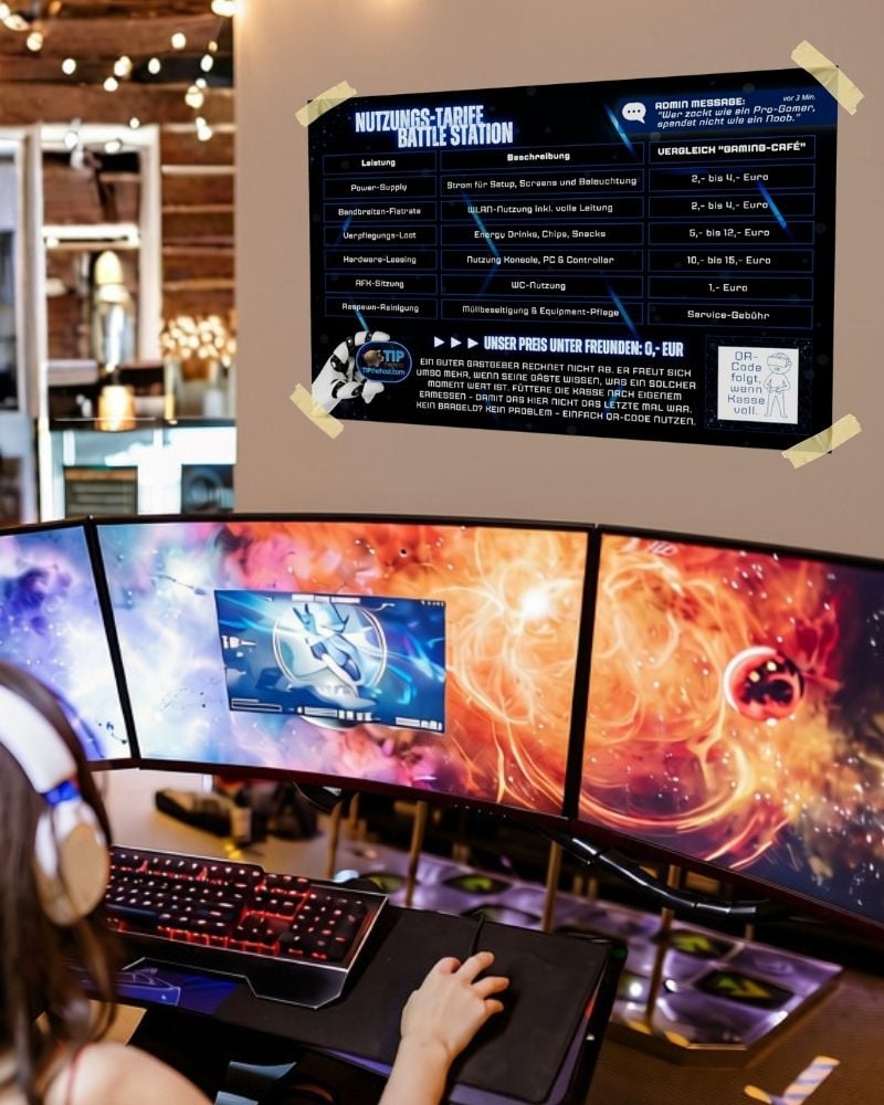 Preisliste fürs Gaming-Zimmer in der dunklen Variante an der Wand über einem Setup mit drei Monitoren und beleuchteter Tastatur