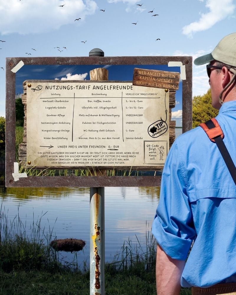 Angler betrachtet die Preisliste für Angelfreunde auf einer Holztafel am Ufer, Nutzungs-Tarife vor einem Teich