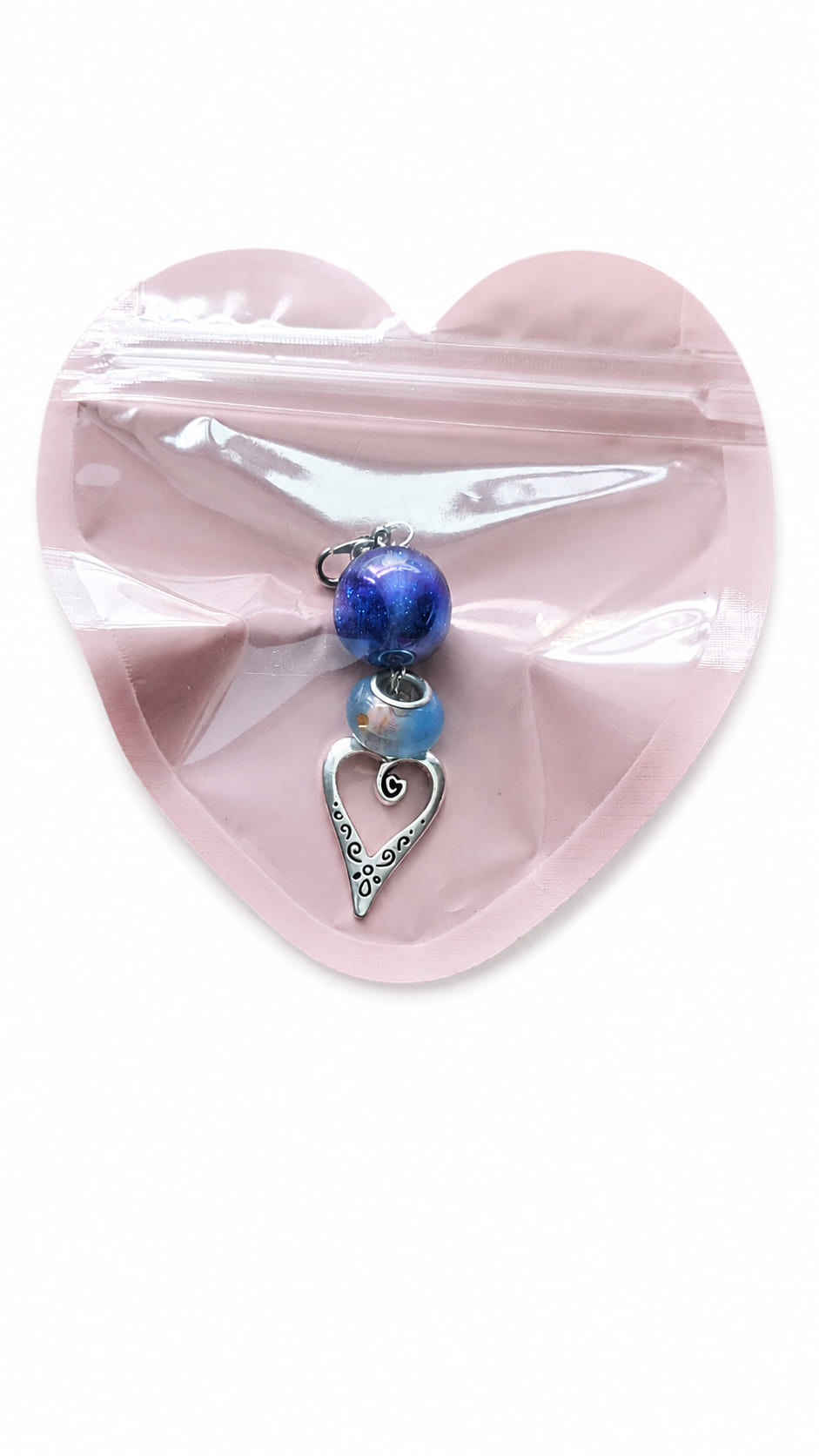 Something Blue handmade bridal heart charm safely presented inside a cute pink heart-shaped zip-lock gift packaging pouch.
