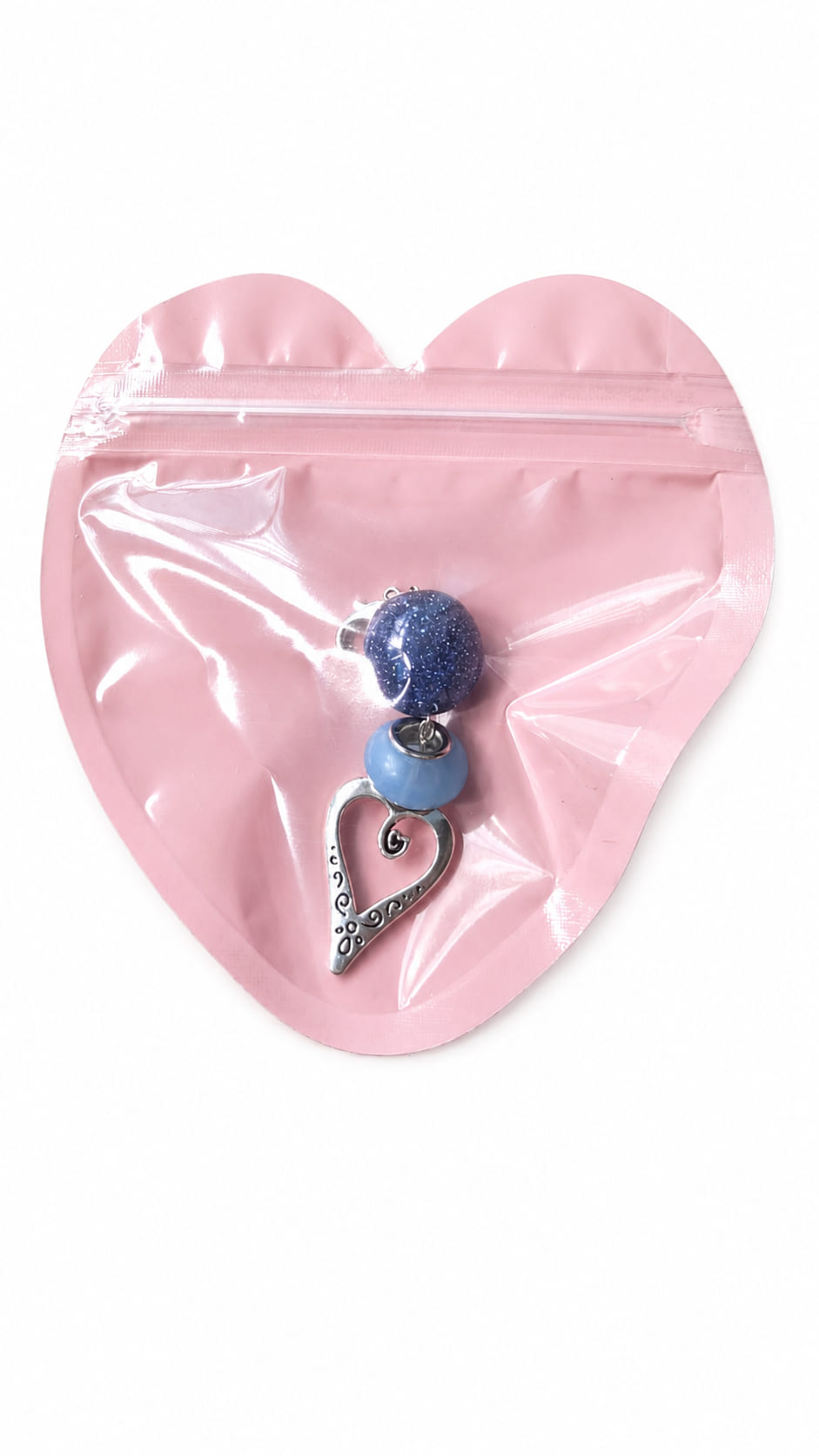 Something Blue handmade bridal heart charm safely presented inside a cute pink heart-shaped zip-lock gift packaging pouch.