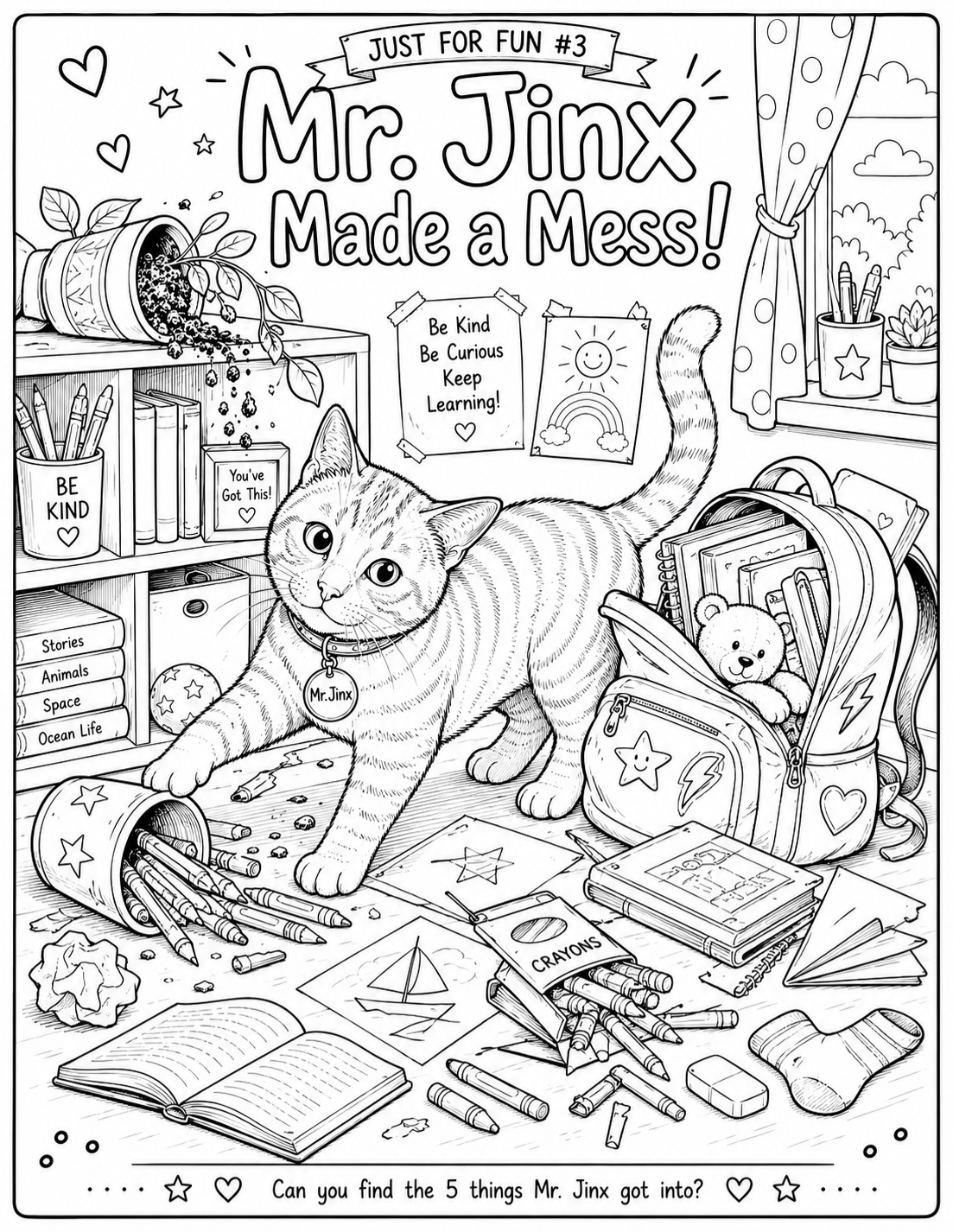 Mr. Jinx Made a Mess printable activity featuring a mischievous orange cat and a messy scene for kids to explore