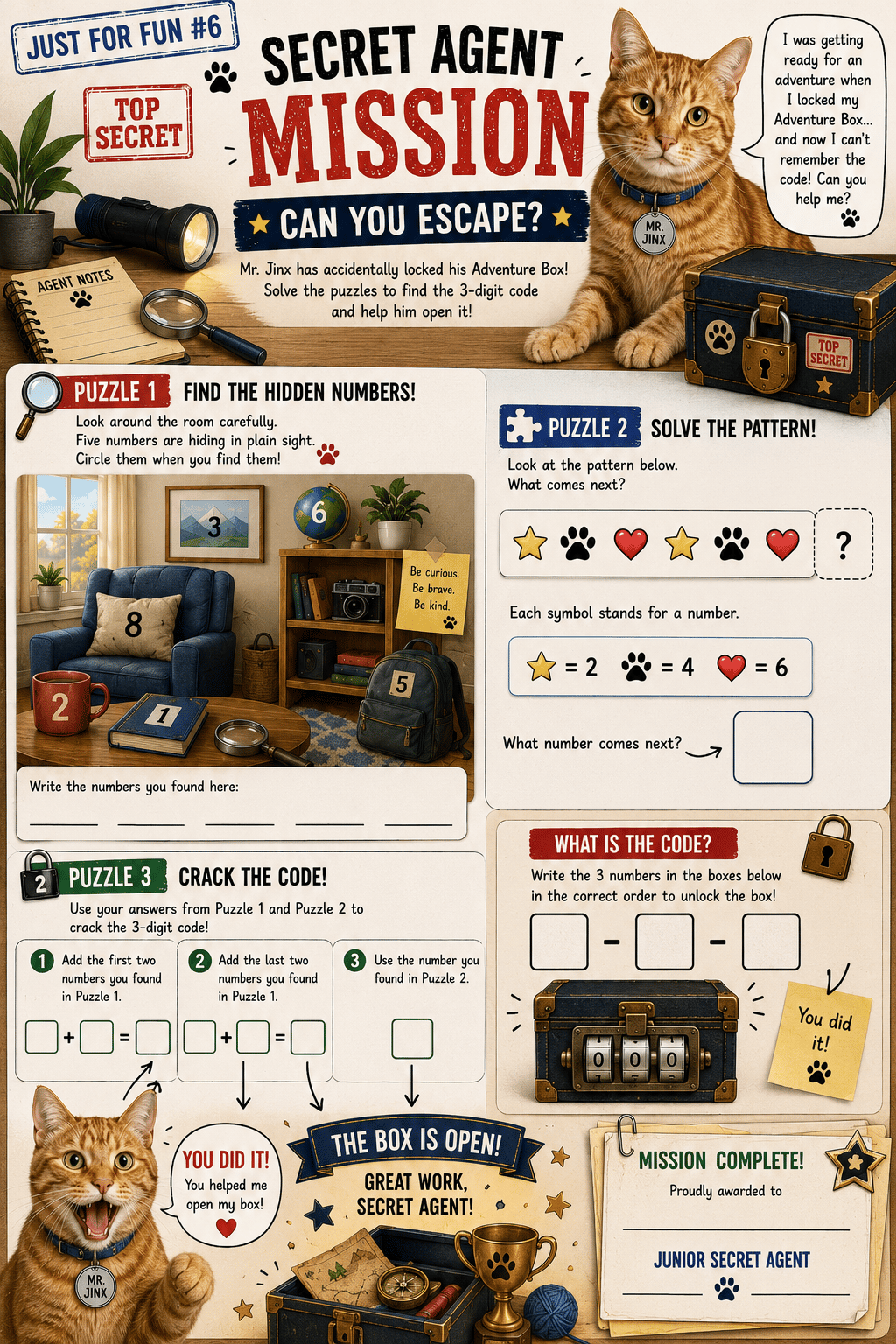 Secret Agent Mission printable escape activity featuring clues and challenges for kids.