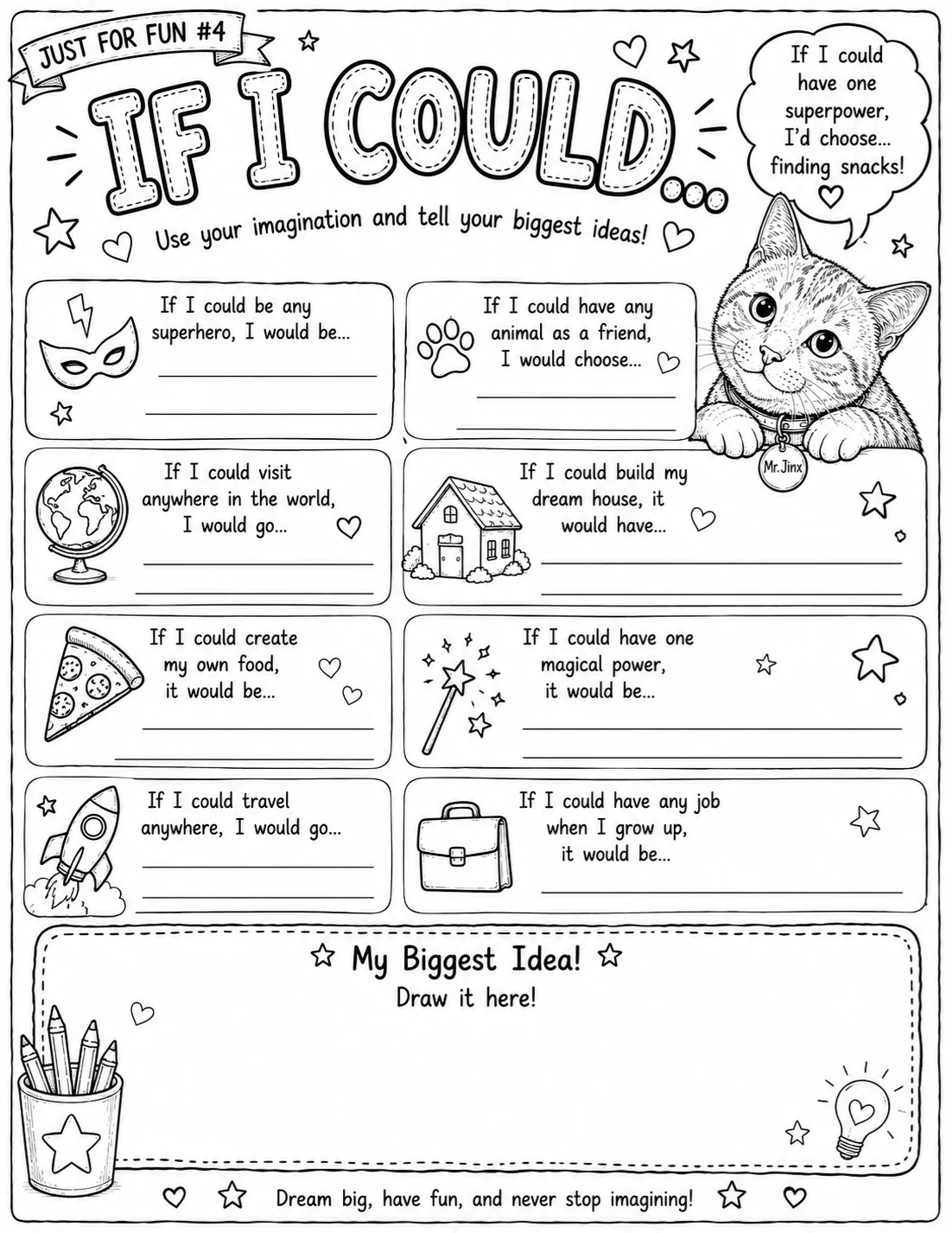 If I Could printable activity with creative prompts for kids to imagine and share their ideas.