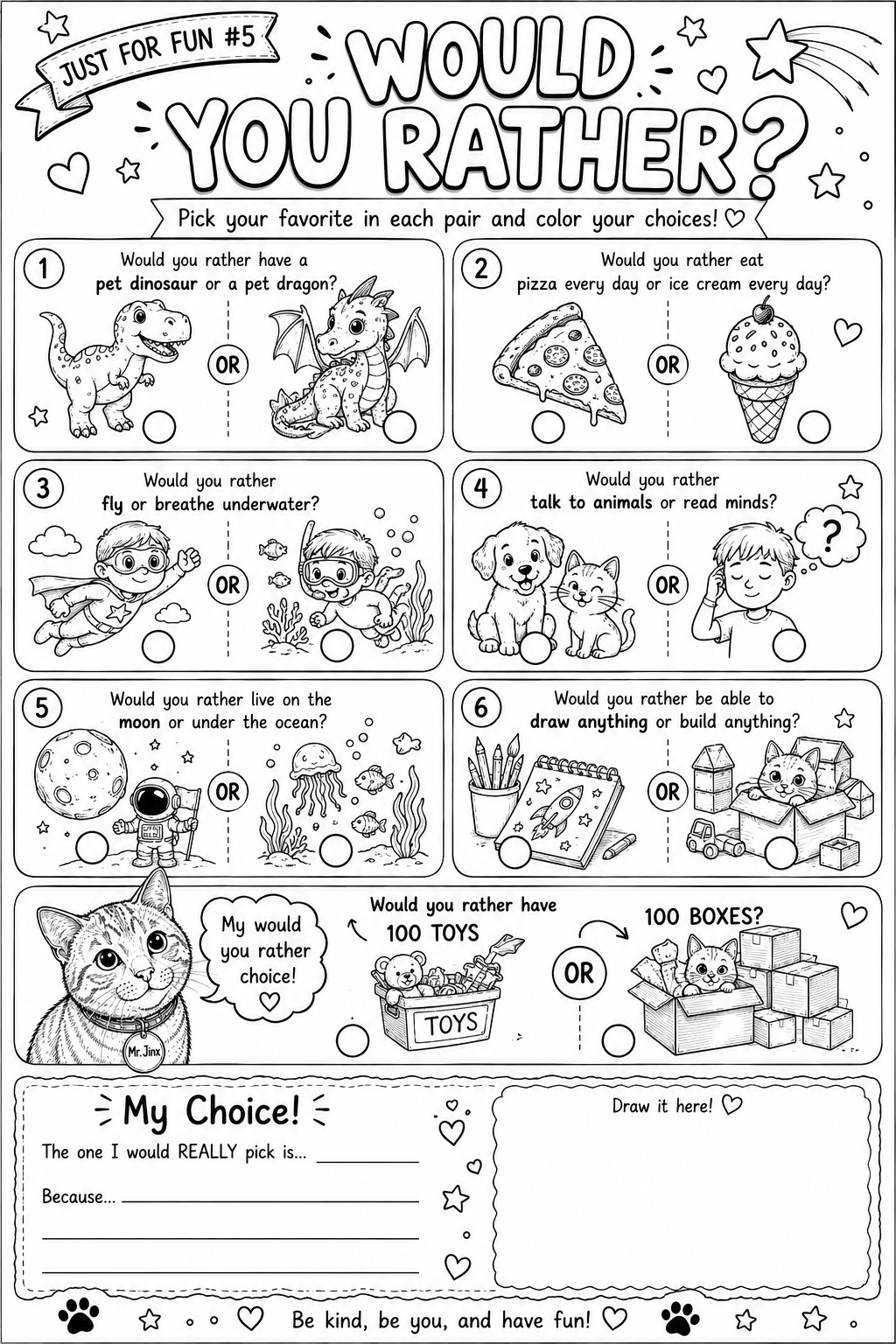 Would You Rather printable game featuring fun questions and choices for kids and families.