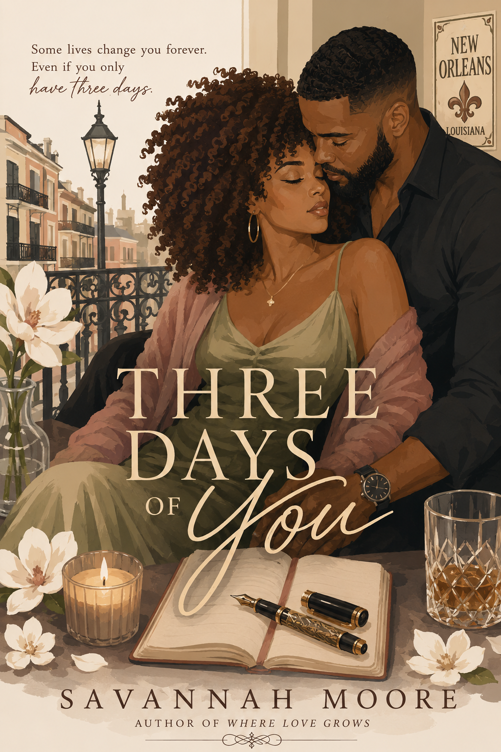 Cover of Three Days of You by Savannah Moore, showing a Black couple in an intimate New Orleans balcony scene with flowers, candlelight, and a journal.