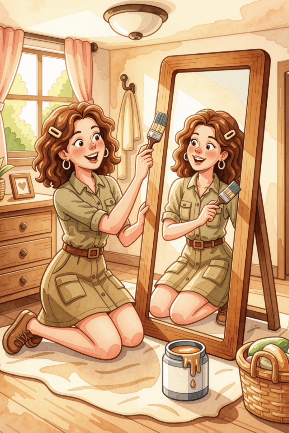 Create your dream room with color! This cute bedroom coloring page is from Cozy Coloring Book Adventures, perfect for girls  This high-quality digital printable PDF features a cute anime-style girl kneeling in her warm, aesthetic bedroom next to a window 