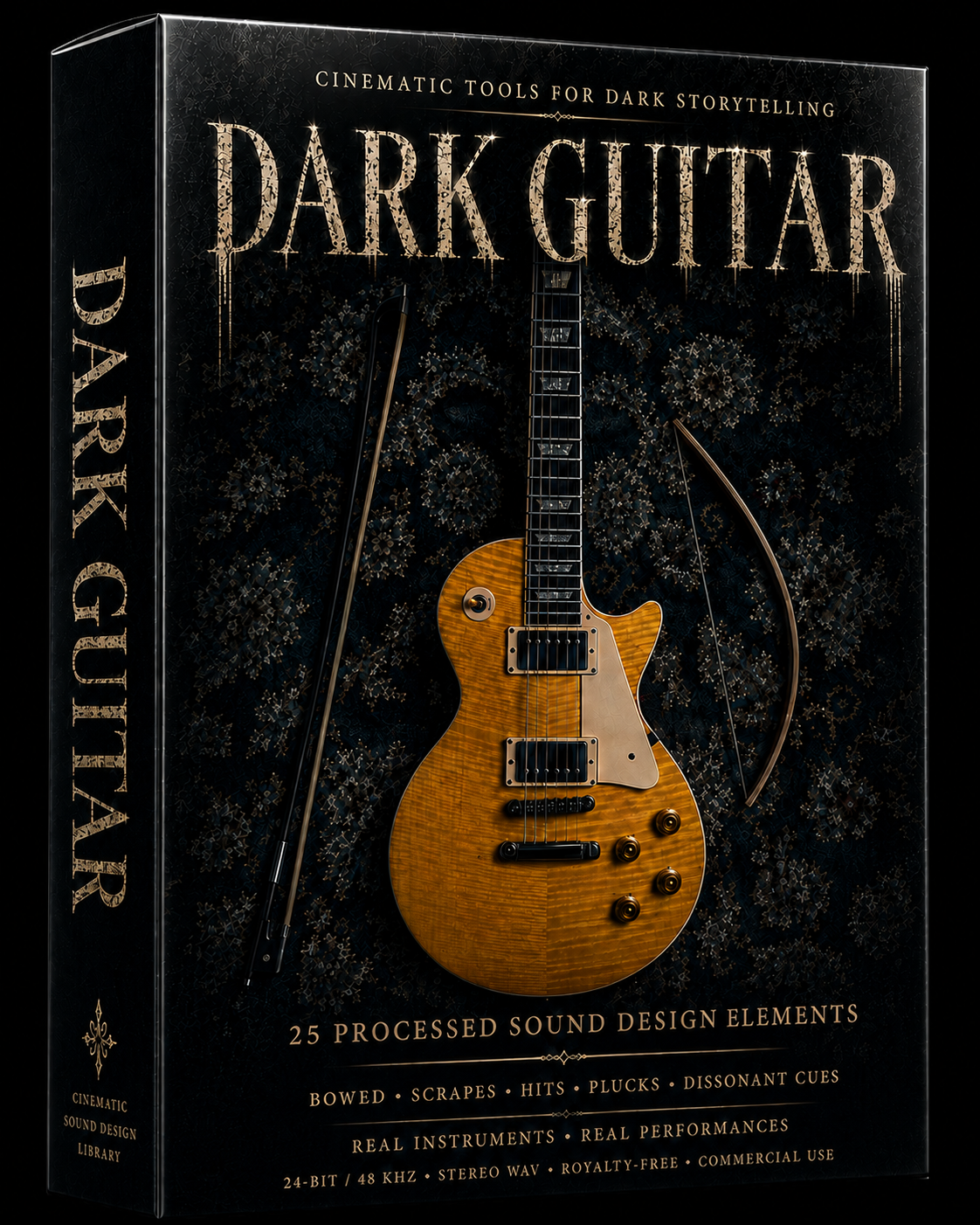 Dark cinematic guitar library packed with raw, organic sound design elements for tension and atmosphere. Includes bowed guitar, scrapes, impacts, plucks and dissonance in 24-bit/48 kHz stereo WAV for commercial productions.