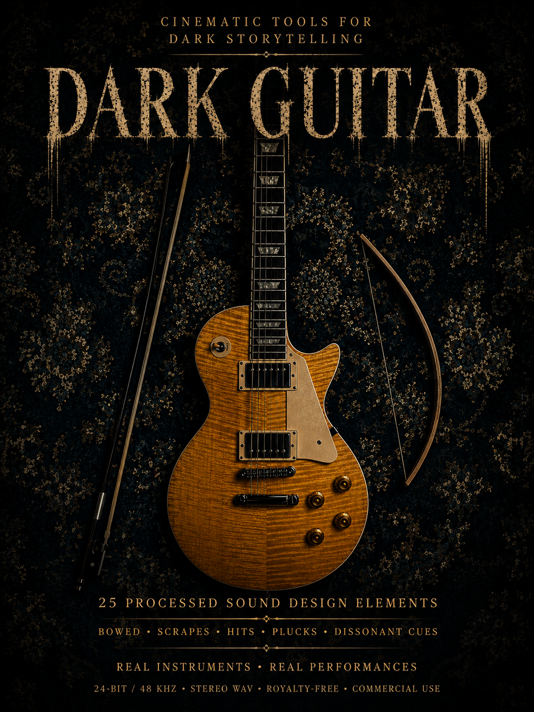 Dark guitar sound design library featuring bowed tones, gritty scrapes, sharp hits, haunting plucks and dissonant textures. Real instrument performances in 24-bit/48 kHz stereo WAV for horror, trailers, thrillers, games and film.