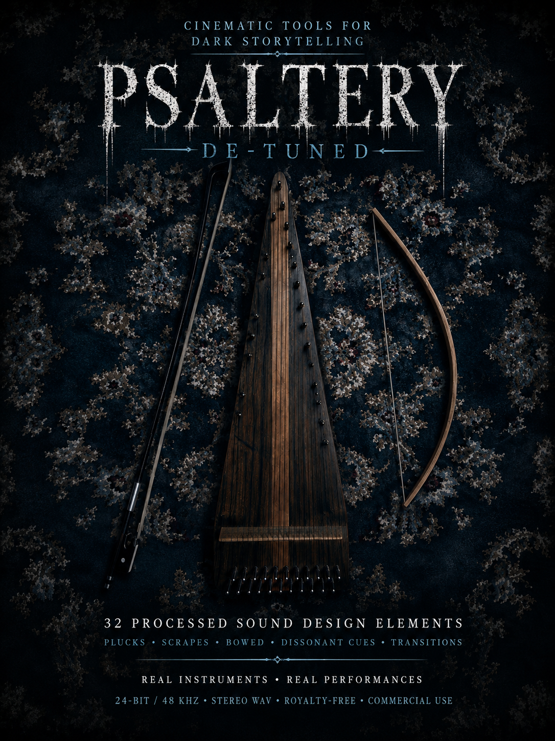 Cinematic psaltery effects with haunting detuned tones, unsettling bowing, organic scrapes and atmospheric plucks. Royalty-free 24-bit/48 kHz WAV for suspense, thriller, horror scoring and dark storytelling.