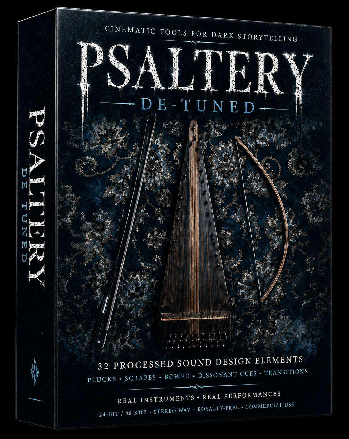 Dark cinematic psaltery library packed with de-tuned acoustic textures, eerie plucks, bowed drones, scrapes and transitions. Real performances in high-quality stereo WAV for composers, editors, filmmakers and game developers.