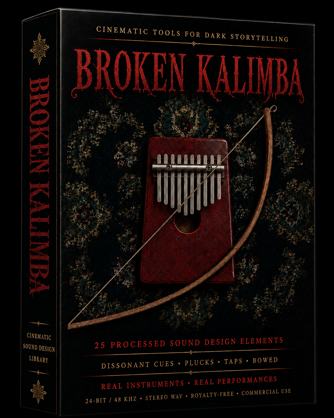 Broken kalimba cinematic sound effects with haunting plucks, percussive taps, bowed textures and dissonant tones. Organic 24-bit/48 kHz stereo WAV recordings for horror, suspense, trailers, film scoring and game audio.