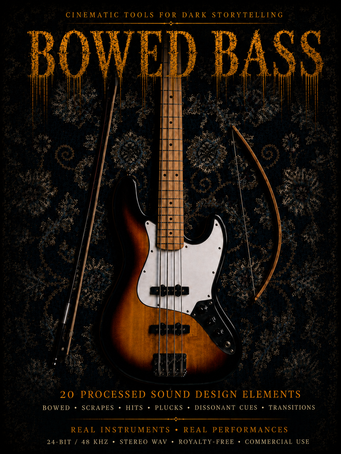 Cinematic bowed bass sound design with eerie bowing, gritty scrapes, impacts, plucks and dissonant cues. Real instrument performances in 24-bit/48 kHz stereo WAV for horror, trailers, film, games and suspense.