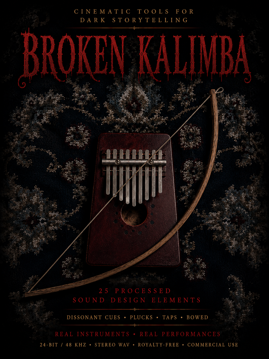 Broken kalimba sound design featuring eerie plucks, taps, bowed textures and dissonant cues. Real instrument performances in 24-bit/48 kHz stereo WAV for horror, suspense, trailers, film scoring and game audio.