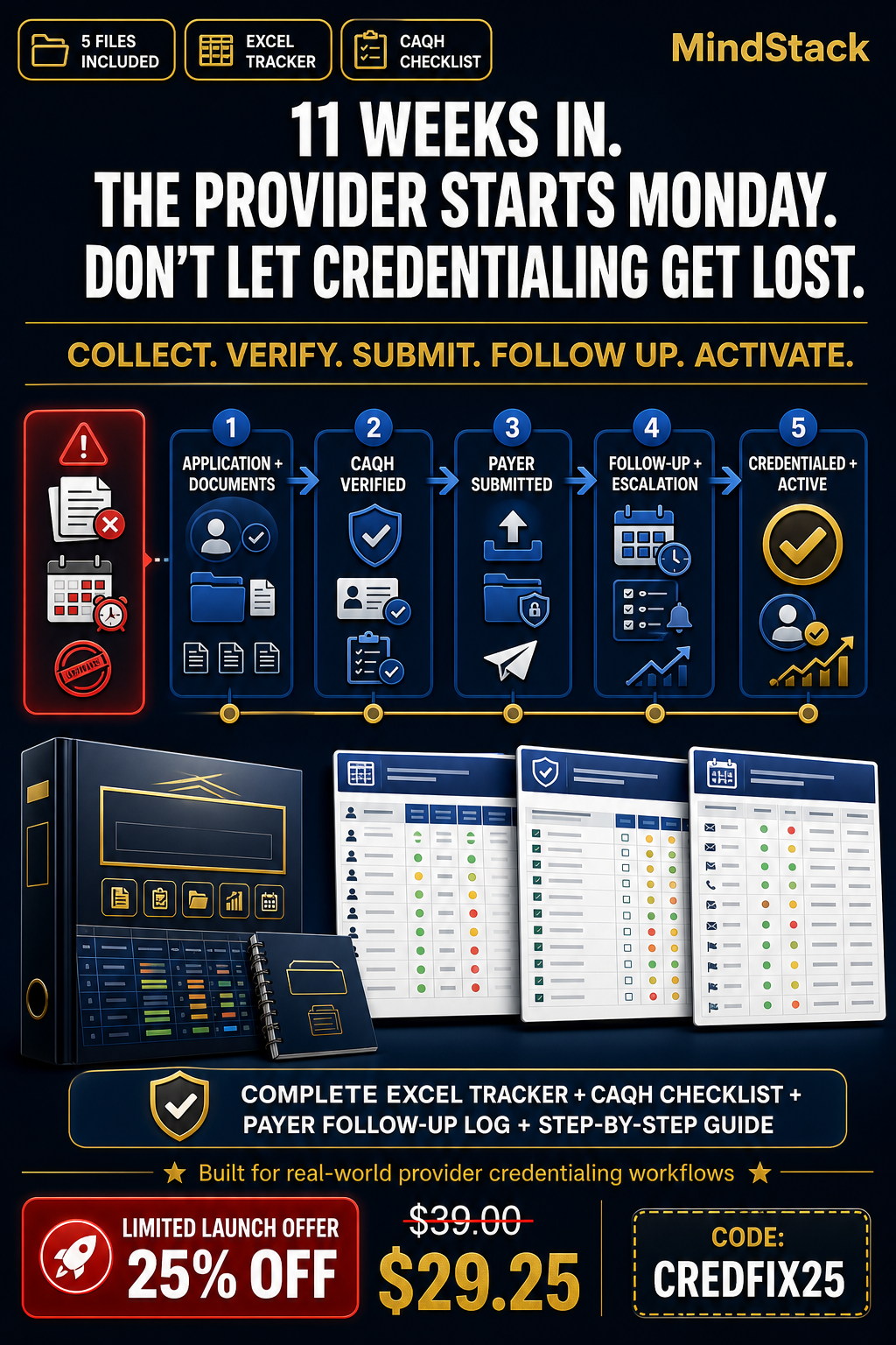 Provider Credentialing System with Excel tracker, CAQH checklist, payer follow-up guide, and document tracking for healthcare practices
