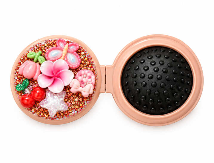 Open pink resin-decorated cherry and floral compact with glitter details and pop-out hairbrush