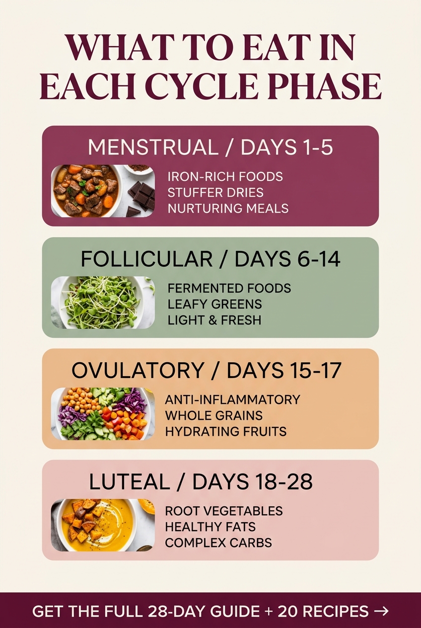 cycle syncing, cycle syncing food chart, hormone balancing foods, eating for your cycle, luteal phase foods, hormone balance meal plan, cycle syncing recipes, period nutrition, seed cycling for hormones, PMS relief foods